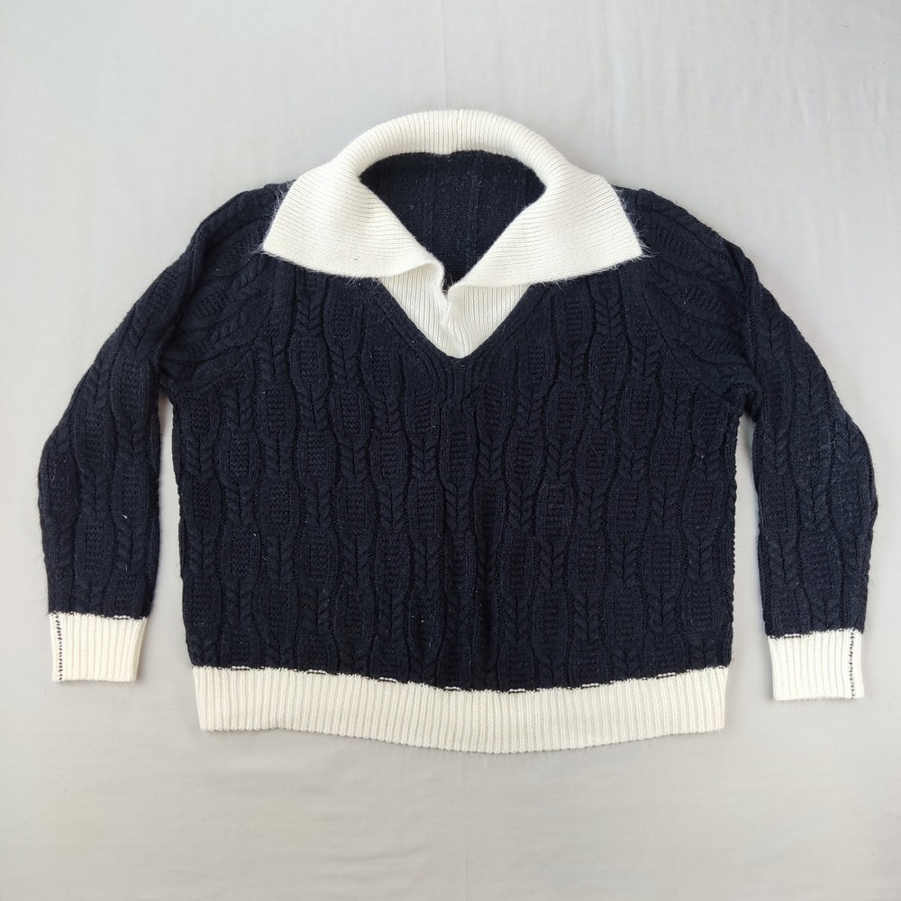 SHEIN Curve Sweater Womens 0XL Navy Blue Cable Knit Contrast Collar Pullover